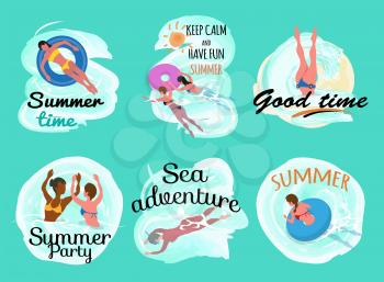 Summer time sea adventures vector, people having good time swimming and playing games. Person in water, lifebuoy saving ring and lady laying on it
