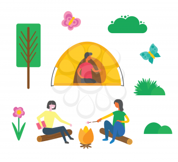 Camping people man sitting in tent vector, women melting marshmallow outdoors. Friends spending time on nature, trees and flowers in bloom, butterfly
