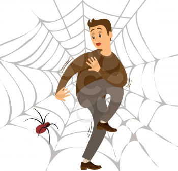 Fear of spider. Man frightened by spinner guy suffering from arachnophobia, human fear concept. Male character sitting on spider web on white background hugged his knees. afraid of insects and beetles