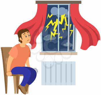Terrified man shocked by thunder and lightning. Guy frightened by thunderstorm. Person suffers from astraphobia. Fear of rain, phobia, horror. Male character looks at rainy weather outside window