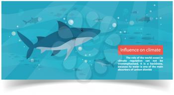 Influence on climate information banner with underwater ocean life of sharks, jellyfish and fish. World oceans absorb carbon dioxide. Cartoon nautical characters swimming in sea, marine poster
