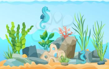 Underwater ocean fauna with sea horses and seaweed. Ocean bottom with marine life reprsentatives. Underwater world vector illustration. Seafloor, undersea, seabed with marine plants and animals