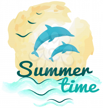 Lettering with picture of dolphin and seascape. Dolphins jump out of water at sunset. Seascape with dolphin, waves and sky. Landscape with marine mammals at sunset. Dolphins during summer time