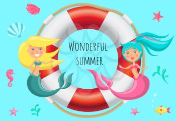 Wonderful summer poster with lovely cartoon mermaids sit on life ring sailing in sea water at depth with marine life. Sea adventures and travel poster. Marine cruise and sea travelling placard