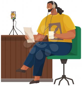 Guy communicates with friends via video call. People communcate via Internet. Man in headphones talking using phone online. Male character recording video, online podcast, broadcast on smartphone