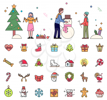 Wintertime and christmas preparation vector, isolated set of icons in flat style. Dad and son sculpting snowman. Woman decorating pine tree with garlands. Presents and santa claus, wreath and sweets