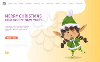 Merry Christmas and happy new year, cute female elf with closed eyes. Winter holidays celebration and greeting with wintry events. Website or webpage template, landing page, vector in flat style