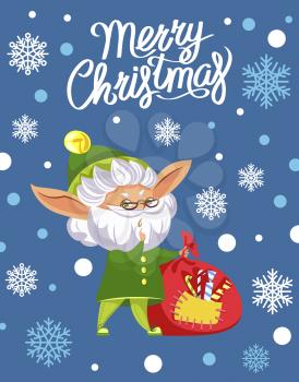 Merry christmas and happy new year. Old elf dressed in traditional costume. Character with red sack of gifts for kids. Greeting postcard with snowflakes and santa helper. Vector illustration in flat