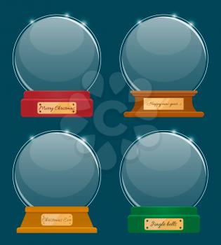 Holiday souvenirs with captions, hello winter and let it snow, snowy day and holly jolly. Four transparent spheres isolated on white. Empty snowglobe made of glass. Xmas round shaped toy, vector