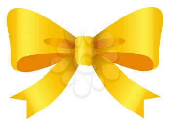 Ribbon bow tied in knot. Isolated yellow stripe with wavy sides used for decoration of greeting or gift cards, presents or banners. Silk tape decorative element in flat style. Vector illustration