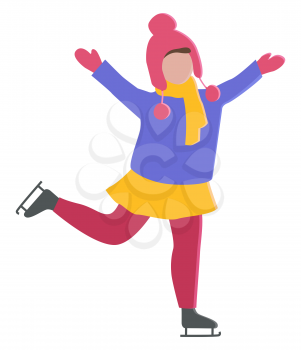 Girl wearing winter clothes, warm clothing made of woolen material. Isolated child in skating boot. Childhood of character gesturing with joy. Happy kid in cold season of year. Vector in flat style