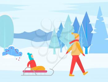 Winter landscape and people walking outdoors. Woman with child sitting on sleds. Mom and kid on vacation strolling in forest passing pine trees and mountains in distance. Vector in flat style