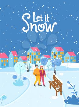 Let it snow festive postcard with couple going near snowy bench. Greeting winter card with snowflakes and dark view outdoor. Invitation poster with people walking near buildings in frost season vector