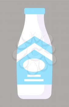 Milk in glass bottle, isolated dairy products. Container with emblem and info of beverage. Reservoir with organic beverage, natural and ecological food with vitamins and lactose. Vector in flat