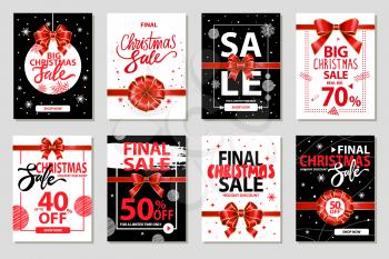 Set of promotional posters on Christmas sale. Reduction in price, 40 and 50 reductions of cost. Banners with ribbon bow decoration. Propositions from shops and stores on winter holidays vector