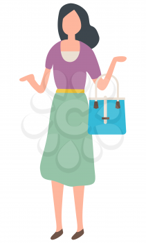Woman in dress holding handbag, female character choosing. Element of shopping, sale old collection, business retail, lady in store, discount vector