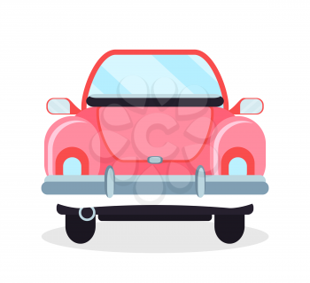 Retro car, back view of old vehicle, pink cabriolet in flat design style, wheels and motor, light and glass, side mirrors, old-fashion automobile vector