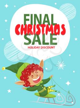 Final christmas sale and holiday discount in shops and stores. Fairy character actively spend time riding sleigh. Christmas elf and designed caption on advertising poster. Vector illustration of promotion in flat style