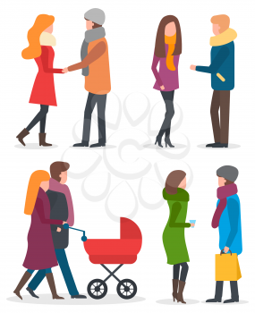 Two couples on date, romantic meeting of man and woman. Family with kid in vector baby carriage walking together. Women talking outdoor. People strolling in warm clothes like scarf and overcoat