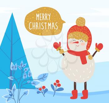 Merry christmas greeting card. Snowman character wearing warm clothes smiling. Winter landscape with pine tree and red berry growing on ground. Xmas celebration and new year congrats, vector