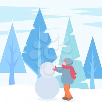 Child playing outdoors in winter season. Child wearing warm clothes sculpting snowman. Kiddo with balls made of snow. Forest with pine trees, outside nature. Character on vacation vector in flat