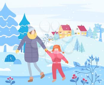 Mom and daughter walking at weekends in snowy park. Cityscape with home exteriors in distance. Pine trees and red berries bushes. Woman and kid relaxing outdoors. Landscape with snow, vector