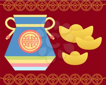 Lucky chinese sack and golden symbol, festive card in red color with frame decorated by colorful bag with cord. Fortune bag or pocket and holiday sign on card, celebration postcard with case vector