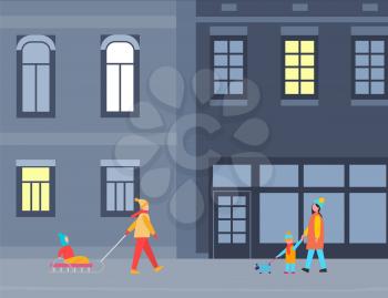 People walking at streets in urban area. Woman with child sitting on sledges. Mom and kid walking dog in evening. Winter cityscape with residents. House with lit windows at night. Vector in flat