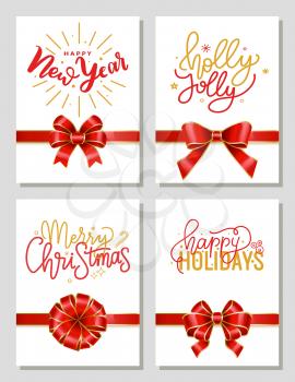 Merry christmas and happy new year, holly jolly caption. Set of four greeting cards tied with ribbons and bows. Holiday gift postcards with words of congratulations. Vector illustration in flat style