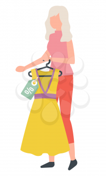 Shopping female character with grey hair vector, isolated woman holding dress on hanger. Price tag with sale, discount on item, fashionable clothing style