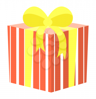 Box with wrapping paper and ribbon bow. Isolated icon of gift with yellow tape. Container wrapped in line print with red. Celebration of birthday or anniversary. Holidays greeting vector in flat