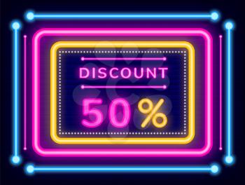 Neon sign with 50 percent reduction discount vector. Isolated signboard with glowing lights on frame. Lowering of price, buying gin online store. Shopping using sales and offers of shops lat style