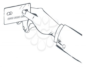 Man hold credit or debit card of bank in hand. Cardholder using plastic money for payment in shops and stores. Businessman in suit. Outline picture, sketch drawing. Vector illustration in minimalism
