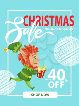 Christmas sale and holiday discount up to 40 percent off. Poster decorated by elf character running with present box and round decoration symbols. Xmas webpage with link icon shop now vector