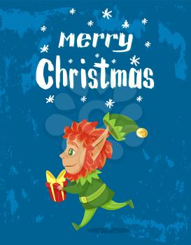 Merry christmas and happy new year, designed caption on poster. Boy in green costume hold red box with gift for kid. Xmas greeting postcard with elf, santa assistant. Vector illustration in flat style