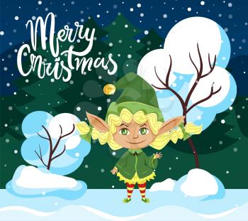 Merry christmas greeting card with calligraphic inscription. Cute elf in winter woods. Happy character with smile on face. Landscape with trees covered with snow. Xmas holidays congrats vector