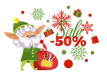 Sale 50 percent discounts from shops and store for buyers. Promotional banner with old elf with bag filled with candies and xmas sticks. Christmas promotion for winter holidays. Vector in flat style