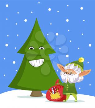 Elf cartoon character holding festive candy bag standing near fir-tree. Winter postcard with snow-falling weather and funny gnome on snowy land. Festive card with fairy smiling tree and hero vector