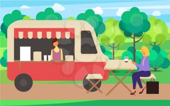Spring fair vector, woman drinking coffee ordered from truck at market. Lady sitting on wooden bench with plastic cup. Cafe in park street with seller. Funny spending time on harvest festival
