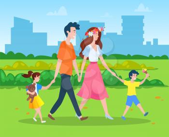 Family with two kids walking in green city park together. Boy eating ice cream, girl holding teddy bear. Woman wearing wreath of flowers vector illustration. Family weekend in park