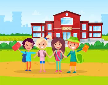 Kids studying in primary school vector, schoolboy and schoolgirl with books and satchels on shoulders. Education institution for children, classmates. Back to school concept. Flat cartoon
