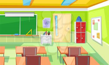 Lecture hall decorated by chalkboard, locker and backpack, desktop and chair. Nobody classroom, educational place, back to school, auditory vector. Back to school concept. Flat cartoon