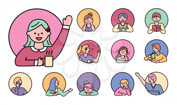Character kids in window, isolated circles set line pupils female and male personages. Personage reading books, bookworm student listening music in headphones. People face in action round color icons