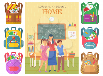School is my second home postcard decorated by stickers of backpack. Knowledge place, children and teacher in classroom, chalkboard and desktop vector. Back to school concept. Flat cartoon