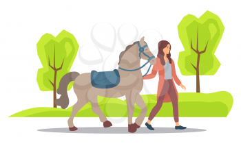 Forest nature vector, woman spending weekends with animals and natural park. Horse and female character touching mammal, mane or stallion flat style. Girl walking with brown horse