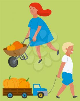 Child with pumpkin, girl going with cart, boy carrying toy truck with harvesting products. Smiling kids going with vehicle, children and crop vector