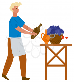 Man in apron pouring wine from earthen jar. Basket with grapes. Beverage from ripe fruits. Waiter with bottle. Harvest festival vector illustration
