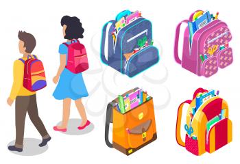 Little boy and girl pupils walking isolated on white. Set of colorful backpacks full of school supplies. Couple of kids with rucksacks vector. Back to school concept. Flat cartoon isometric 3d