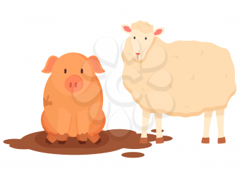 Sheep and pig vector, isolated characters of farm, farming and breeding domestic animals care, piggy sitting in dirt mud on ground, pigsty flat style