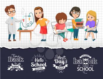 Back to school time logo design. Chemistry lab and science class education. Children doing experiment. Kids reading textbooks vector illustration. Back to school concept. Flat cartoon